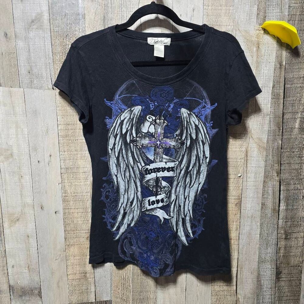 Twisted Company Vintage Y2K Black Sparkly Cross Tee Juniors Large Alt Emo Goth